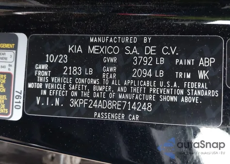 2024 Kia Forte Lx/Lxs z USA, uszkodzony, nr VIN 3KPF24AD8RE714248